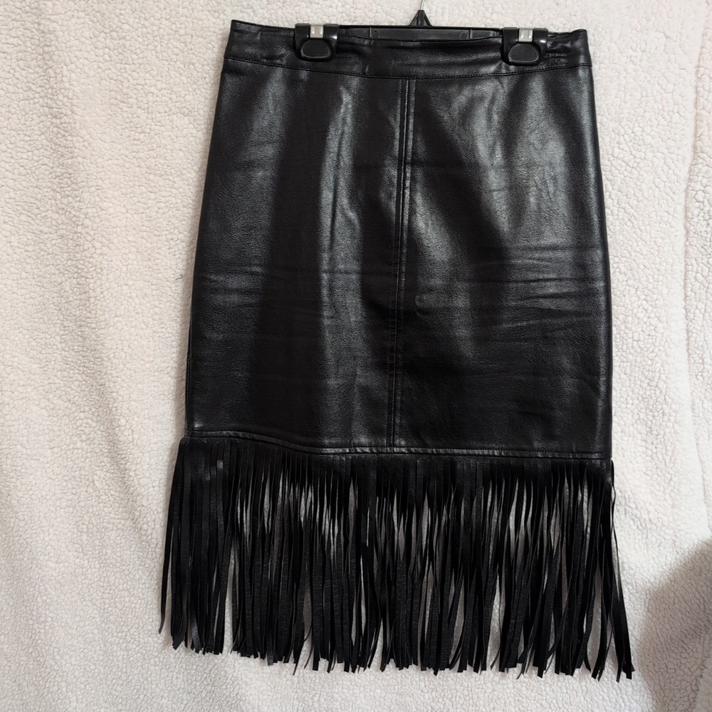 VOY Black Faux Leather Fringe Skirt Moto Edgy Boho Size S Skirt Midi SKU 130-131